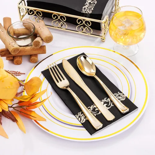 Miniatura 5 de WDF 100 unidades de servilletas negras y doradas desechables - 3 capas, servilletas negras con borde dorado, servilletas desechables de papel