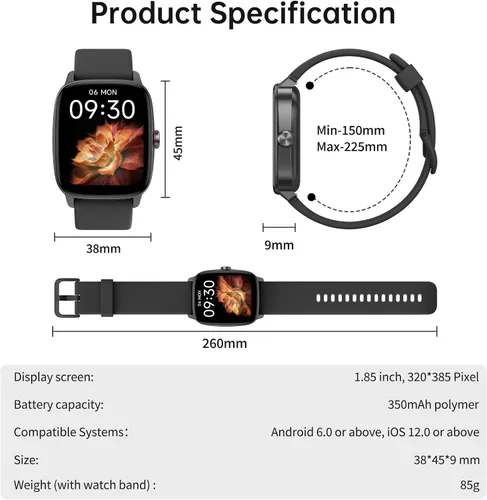Miniatura 9 de Relojes inteligentes para mujeres y hombres con llamada Bluetooth y voz IA, rastreador de fitness HD de 1.85" con monitor de frecuencia cardíaca