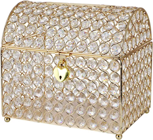 MDLUU Caja de tarjetas del cofre del tesoro con cerradura en forma de corazón, soporte para sobres de cuentas de cristal para bodas, fiestas, Dorado