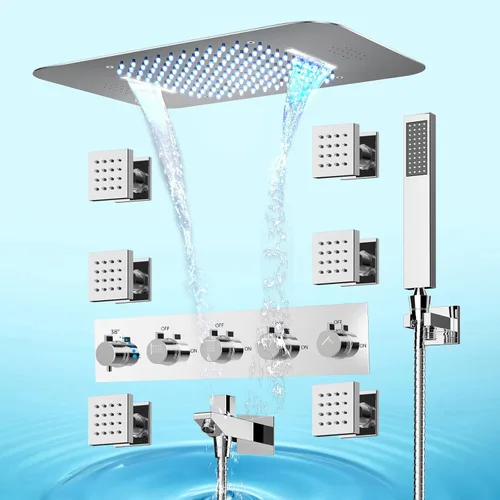 Miniatura 8 de Sistema termostático de ducha de lluvia, sistema de ducha inteligente LED de 23 pulgadas con chorros corporales y de mano, sistema de ducha