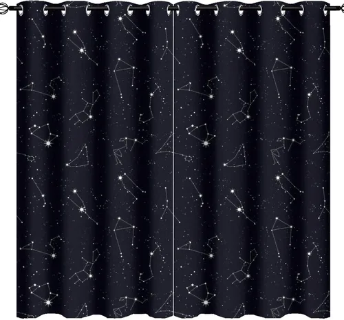 Cortinas de Constelación, Arte Moderno Abstracto Patrón de Símbolos de Constelación Galaxia Negra Blanca, Tratamientos para Ventanas con Aislamiento