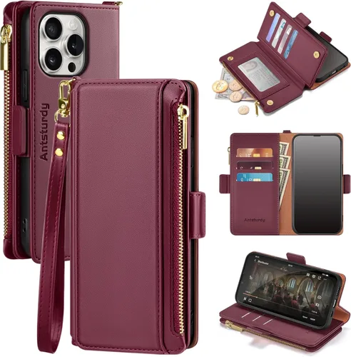 Miniatura 14 de Antsturdy Compatible con iPhone 15 Pro Max Funda Cartera para Mujeres【Bloqueo RFID】Funda de Teléfono Cruzada de Cuero PU con Cremallera y Correa