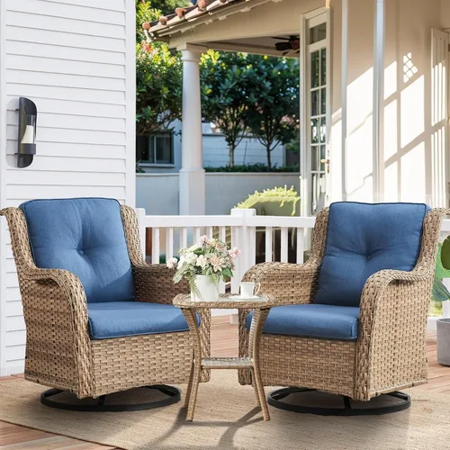 Miniatura 79 de HUMMUH Sillas Mecedoras Giratorias de Mimbre para Patio Exterior con Respaldo Alto, Sillas Deslizantes de Ratán PE, Juego de Muebles de Patio de 4