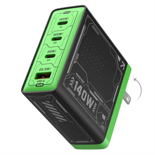 Mfish E-Rhino - Cargador USB-C de 140 W, cargador rápido True PD 3.1 GaN, 4 puertos (3 USB-C + 1 USB-A) Adaptador de corriente plegable para MacBook