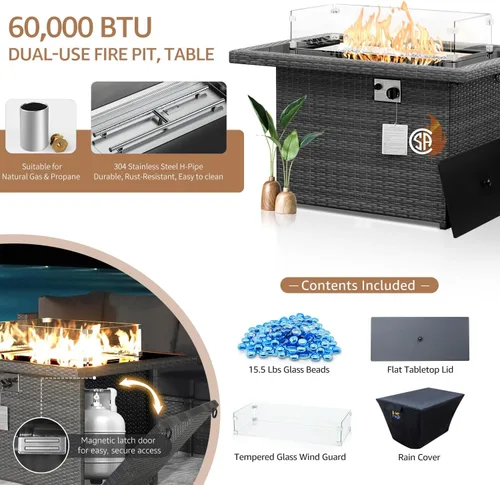 Miniatura 5 de NICESOUL Mesa de Fogata de Propano de Mimbre, 60000 BTU Mesas Grandes de Fogata de Gas Natural, 43'' Chimeneas Rectangulares CSA para Terraza Patio