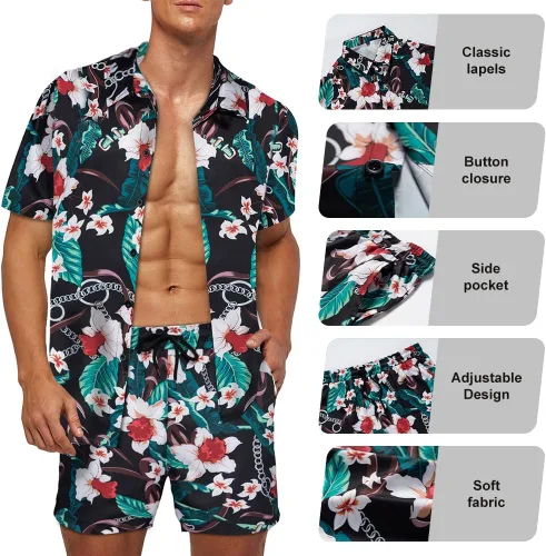 Miniatura 5 de Camisa hawaiana de 2 piezas para hombre, camisa de manga corta con botones