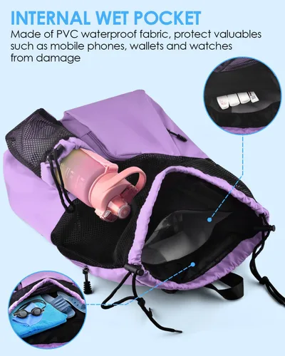 Miniatura 2 de BROTOU Mochila de playa para natación con bolsillo húmedo de malla y cordón, bolsas para nadar, gimnasio Púrpura