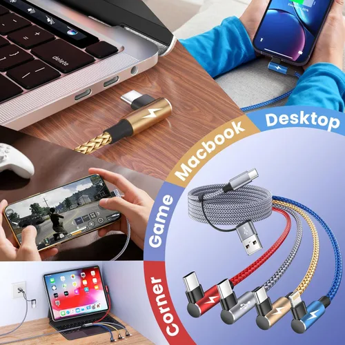 Miniatura 6 de Cable USB A/C a USB C en ángulo recto, cable de carga trenzado tipo C de 90 grados, cable de carga USB C 4 en 2, cable de carga universal