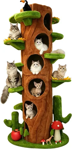 Miniatura 8 de RPZ Árbol para gatos de madera maciza de lujo de 54.7 pulgadas para gatos pequeños a medianos, poste rascador de madera natural con rama real