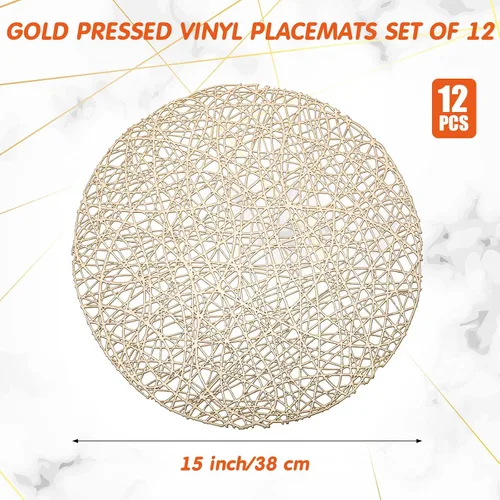 Miniatura 7 de Sieral 12 Paquetes Manteles Individuales Redondos Dorados de 15 Pulgadas Calados de Vinilo Prensado Resistentes al Calor Manteles Individuales
