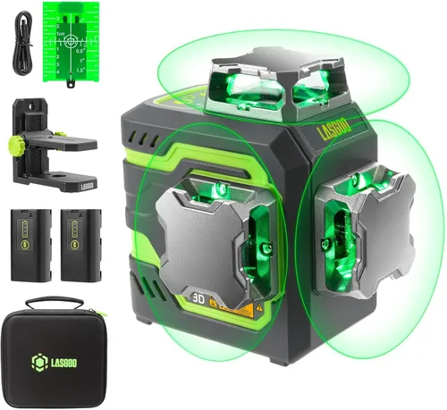 LasGoo LG-3D Nivel láser autonivelante 3 x 360°, láser de línea cruzada con haz verde 3D para construcción y colgar cuadros, 2 baterías recargables