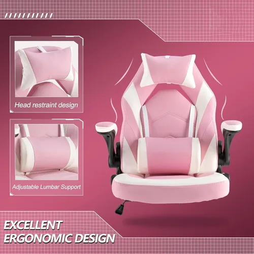 Miniatura 4 de Silla ergonómica de escritorio para juegos de computadora, piel sintética con soporte lumbar ajustable y reposacabezas, reposabrazos abatibles
