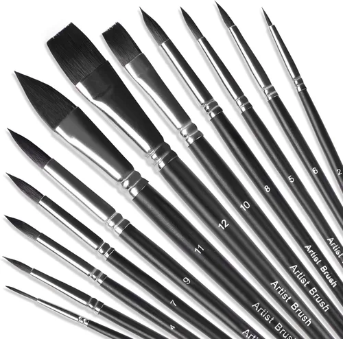 Juego de pinceles para acuarela, 12 pinceles profesionales para pintura acrílica, pinceles de pintura al óleo para cabello fino sintético suave,