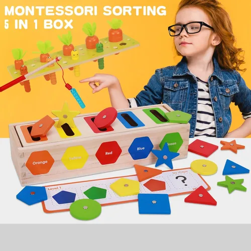 Miniatura 6 de Montessori para niños pequeños, caja magnética de clasificación de formas de color, juguetes de aprendizaje temprano, juguete educativo de madera