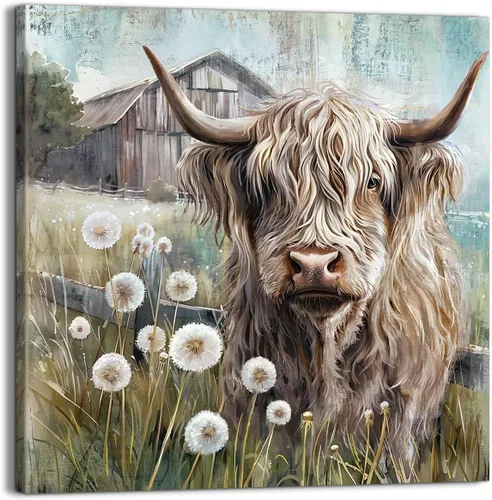 Miniatura 10 de YUEYARIT Decoración de pared de vaca de las tierras altas de granja en verde azulado y marrón: imagen rústica de vaca y diente de león, impresión