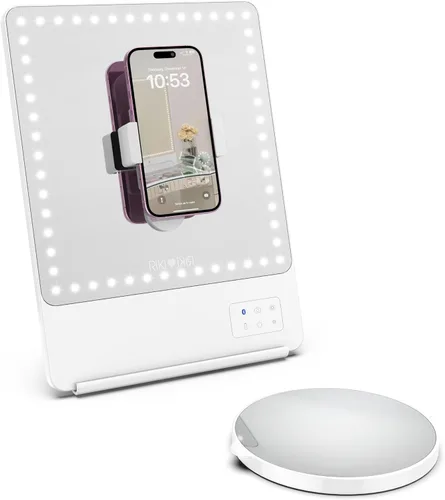 GLAMCOR Riki Skinny - Espejo de tocador inteligente con LED HD, accesorio de espejo de aumento, soporte para teléfono y control Bluetooth (blanco,