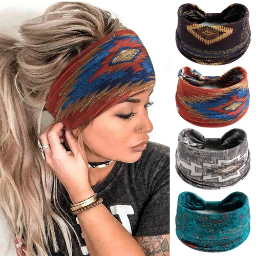 Miniatura 15 de FULZTEY Diademas bohemias para mujer, elegantes diademas con estampado floral, turbante de nudo ancho, elástico, para yoga, correr, entrenamiento