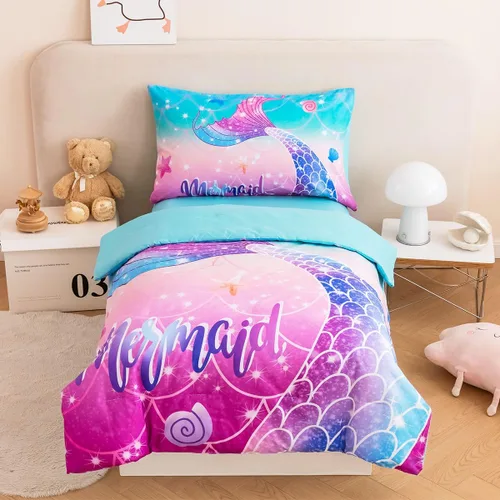 ZRNBAST Juego de ropa de cama para niñas pequeñas de 4 piezas con cola de sirena, color rosa, turquesa, degradado, arco iris, colorido, ropa de cama