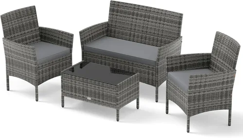 RELAX4LIFE Juego de muebles de patio de 4 piezas – Juego de muebles de ratán para conversación al aire libre con cojines, mesa de centro de cristal,