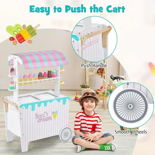 Miniatura 4 de Costzon Juego de Carrito de Helados, Tienda de Comestibles de Madera con Estante de Exhibición y Repisas, Compartimento Congelador, 2 Ruedas
