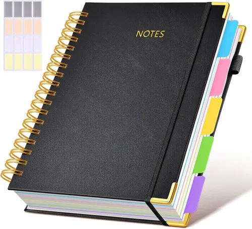 Miniatura 32 de Cuaderno universitario de espiral con tapa dura de cuero de 8 x 10 pulgadas, con pestañas separadoras extraíbles, para 5 materias, a rayas; diario