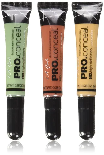 L.A. Girl Set de correctores pro, correctores color naranja, amarillo y verde con fusionador de maquillaje Tweezty® Beauty, Juego de 3 piezas
