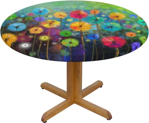 Mantel redondo con flores coloridas, elástico, impermeable, lavable, para decoración de mesa, para fiesta, comedor, picnic, pequeño