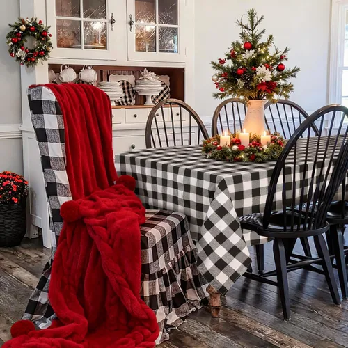 Miniatura 9 de Camino de mesa a cuadros de búfalo negro y rojo, 2 paquetes de 13 x 108 pulgadas, caminos de mesa navideños a cuadros para decoración de mesa