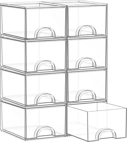 Paquete de 8 pequeñas cajas de almacenamiento de acrílico apilables transparentes para herramientas de arte y bocetos, cajones de almacenamiento,