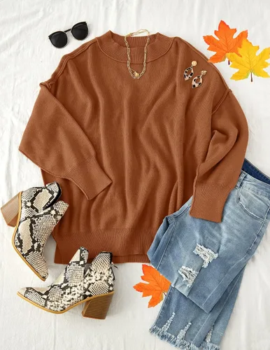 Miniatura 5 de ZESICA Women's 2024 Fall Casual Long Sleeve Crew Neck Side Slit Oversized Ribbed Knit Pullover Sweater Tops