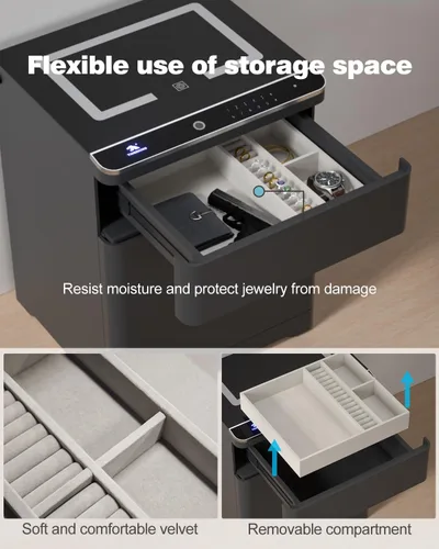 Miniatura 3 de TIGERKING Caja fuerte biométrica 3 en 1, caja fuerte inteligente para el hogar con estación de carga, cajón de armas, iluminación ajustable segura