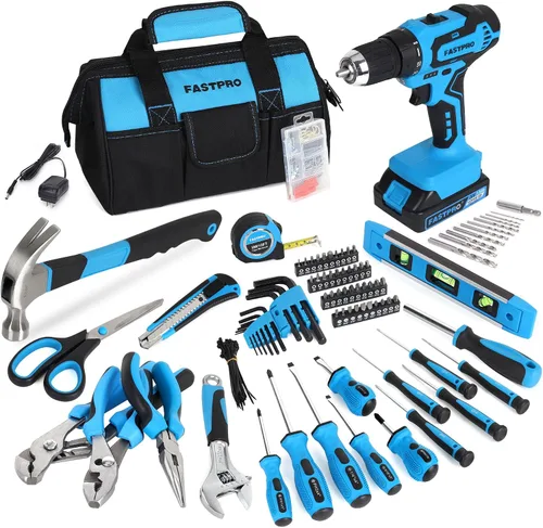 Miniatura 11 de FASTPRO 232 piezas 20 V Rosa inalámbrico Taladro de iones de litio y juego de herramientas para el hogar, kit de herramientas de reparación