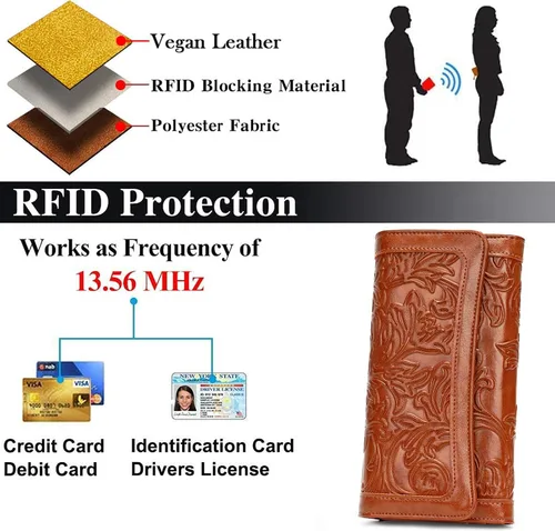 Miniatura 4 de MEITRUE Cartera de cuero para mujer, con bloqueo RFID, triple pliegue, con relieve, soporte para tarjetas, organizador de chequera para teléfono