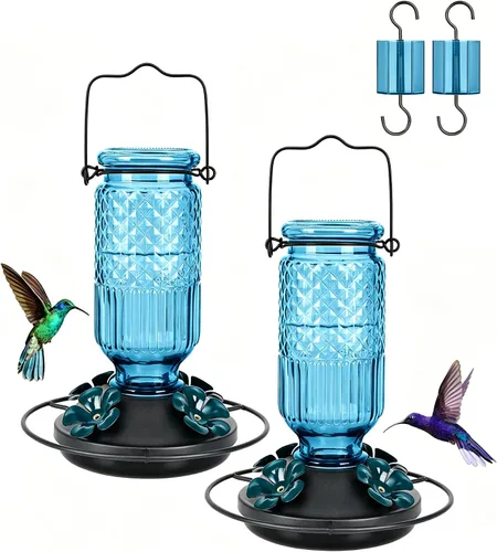 Miniatura 13 de FEED GARDEN Comedero de vidrio para colibríes para colgar al aire libre, comedero de colibríes de 16 onzas con 4 puertos de alimentación con Azul