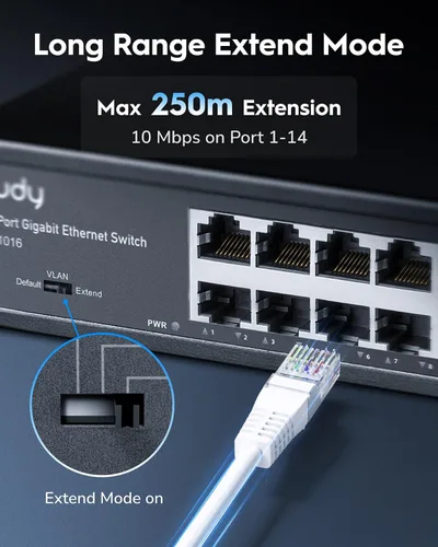 Miniatura 4 de Cudy GS1016 Switch 16 puertos Gigabit, escritorio/bastidor, carcasa metálica, eficiencia energética, sin ventilador, Plug and Play