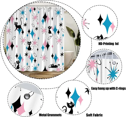Miniatura 7 de GCTNBJL Mid Century Atomic Cat Shower Curtain Blue Pink Diamond Black Cat Stars Modern Abstract Geometric 1950s 1960s Retro 36x70(WxH) Inches