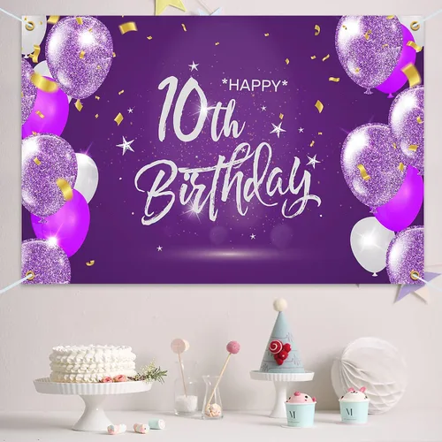 Miniatura 5 de HAMIGAR Fondo de pancarta de feliz cumpleaños número 10 de 6 x 4 pies, decoraciones de cumpleaños de 10 años, suministros de fiesta para niñas