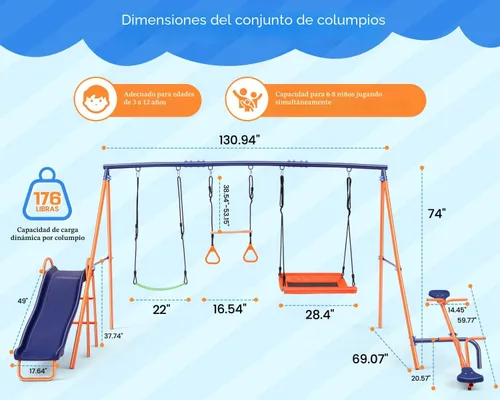 Miniatura 7 de Juego de columpios para patio trasero, juego de columpio de 550 libras con soporte de metal resistente con marco en A, juego de columpios 6 en 1