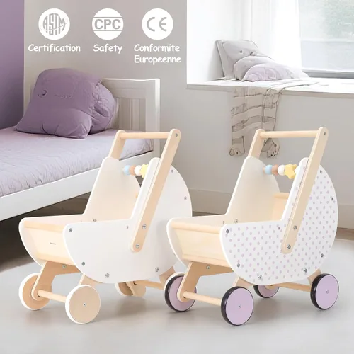 Miniatura 4 de Pillowhale Andador de madera y cochecito de muñeca – Carro de empuje con mango ajustable, antipunta, ruedas silenciosas, carrito de compras