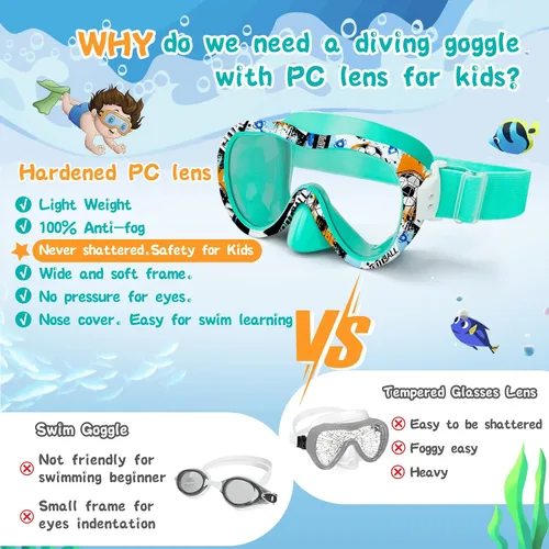 Miniatura 5 de Gafas de natación para niños con cubierta para la nariz, máscara de esnórquel panorámica de 180° con diseño antivaho y antifugas, correa de tela