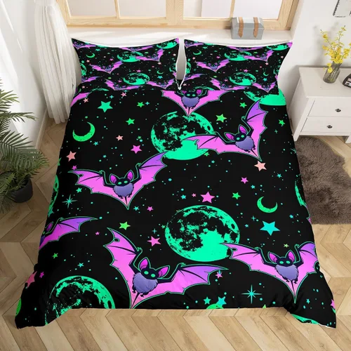 Miniatura 12 de Erosebridal Funda de edredón de calabaza con diseño de murciélagos para Halloween, juego de ropa de cama con sombrero de bruja, funda de edredón