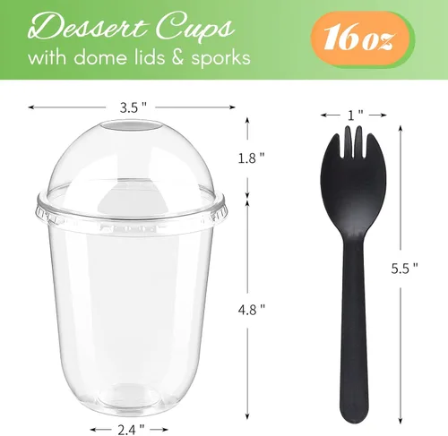 Miniatura 2 de Zezzxu Paquete de 50 Vasos de Postre de Plástico de 16 oz con Tapas de Cúpula (Sin Agujero) y Sporks, Vasos de Frutas Desechables Transparentes