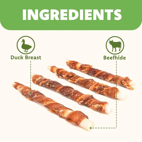 Miniatura 3 de MON2SUN Golosinas de cuero crudo envueltas en pato de 5 pulgadas para cachorros y perros pequeños, promueve la salud dental, aperitivos saludables