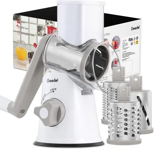 Rallador de queso giratorio Geedel, rallador de mandolina de cocina para vegetales con 3 cuchillas intercambiables, rallador giratorio fácil de