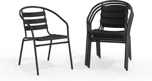 Miniatura 6 de EMMA + OLIVER Paquete de 4 sillas apilables de metal negro con respaldo curvado y listones de aluminio