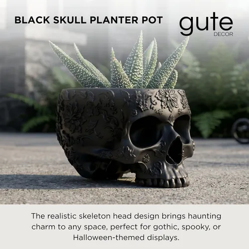 Miniatura 2 de Maceta de calavera negra de 6 pulgadas, maceta con cabeza de esqueleto para suculentas, flores y plato de tazón, decoración gótica para jardín