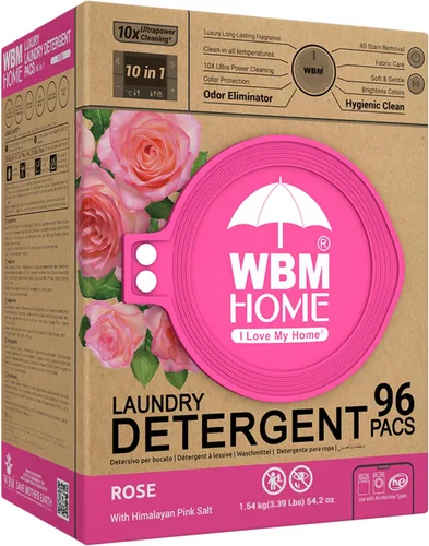 WBM Home Cápsulas de lavandería 5 en 1, total de 96 unidades, ultra concentrado con potente tecnología de levantador de manchas, suavizante de tela