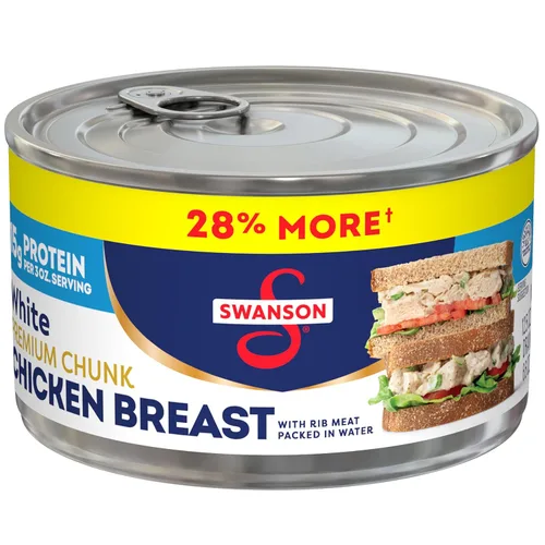 Miniatura 14 de Swanson 25% menos sodio, pechuga de pollo premium en agua enlatada en trozos blancos, lata de 12.5 OZ