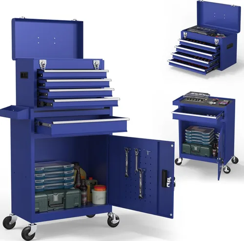 Miniatura 11 de Cofre de herramientas de 5 cajones, caja de herramientas rodante 2 en 1 con ruedas y cajones, caja de herramientas de almacenamiento desmontable