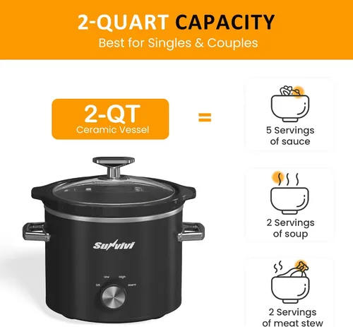 Miniatura 9 de Sunvivi Olla de Cocción Lenta de 2 Cuartos, Olla de Cocción Lenta Pequeña con Recipiente de Cerámica Extraíble, Calentador de Alimentos con 3